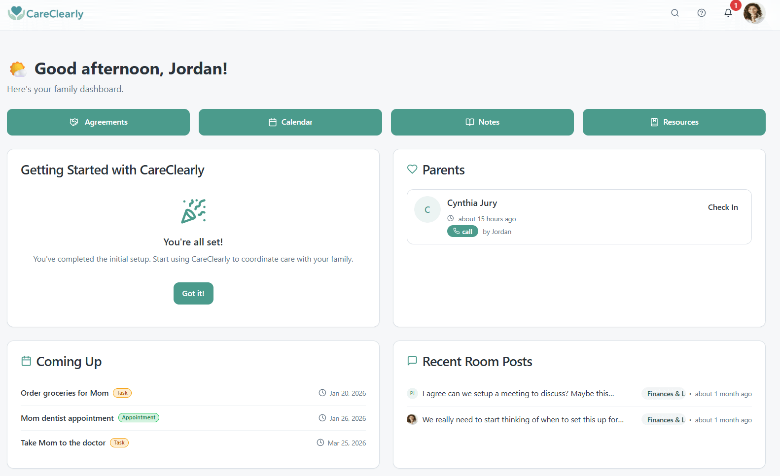 Dashboard after onboarding (pinned notes shown)