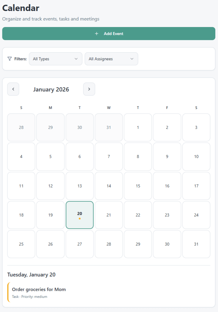 Calendar mobile view (date selected)