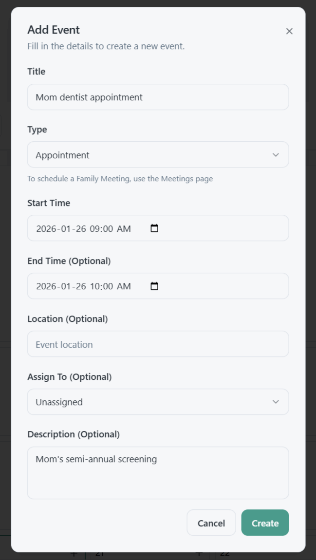 Event create/edit modal or page