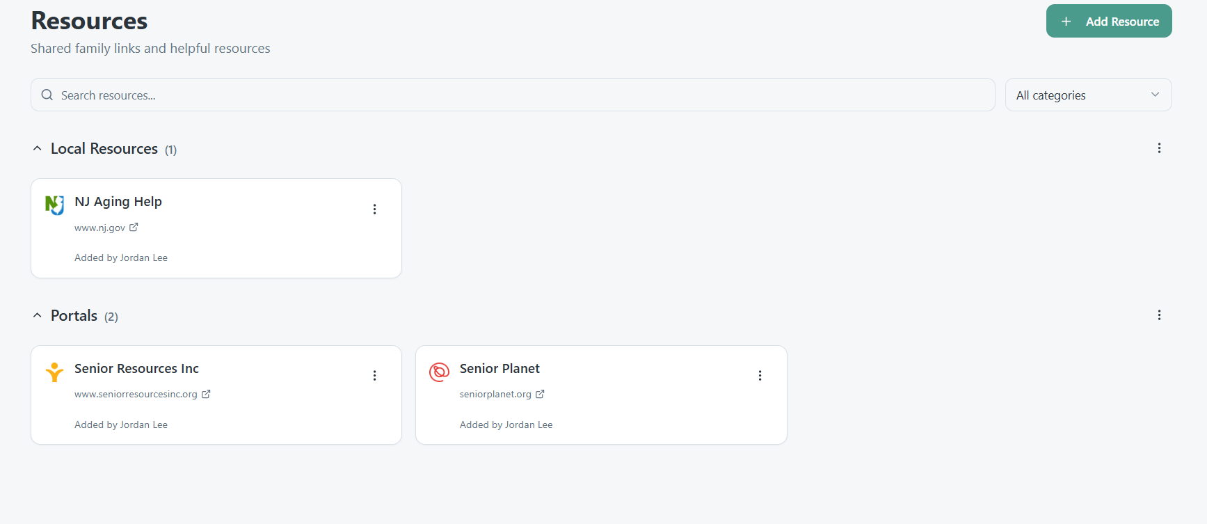 Resources page with categories and pinned resources