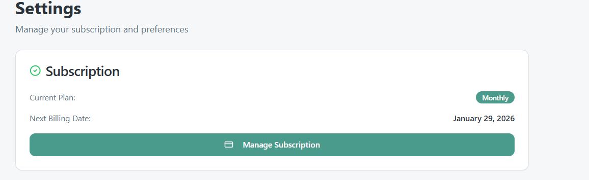 Settings page showing an active subscription